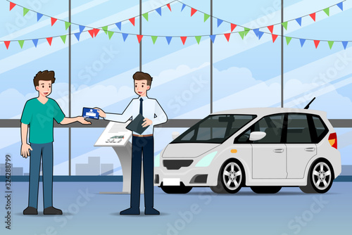 A happy businessman, salesman is standing and give a Vehicle registration book for sell luxury car that parked in the show room to customer. Vector illustration design.