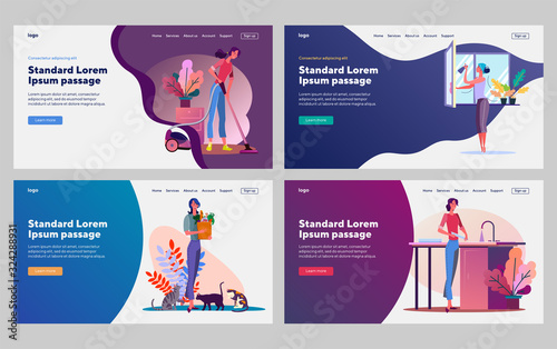 Cleaning and housework set. Woman vacuuming, washing window, dish, pet. Flat vector illustrations. Housekeeping, service, domestic work concept for banner, website design or landing web page