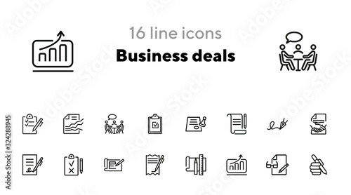 Business deals line icon set. Set of line icons on white background. Working concept. Document, office supplies, pen, bill. Vector illustration can be used for topics like job, office