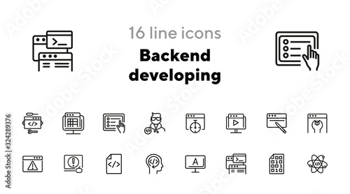 Backend developing line icon set. Set of line icons on white background. Technology concept. Program, computer, screen. Vector illustration can be used for topics like internet, computer, progress
