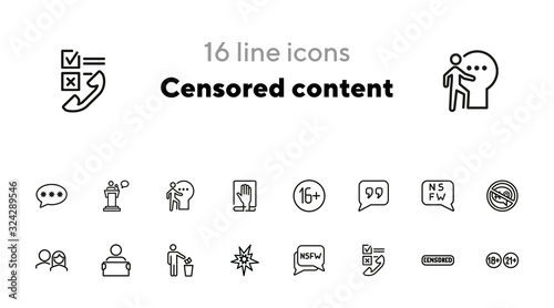 Censored content line icon set. Stamp, adult content, man throwing paper. Control concept. Can be used for topics like safety, censorship, parental control, virus