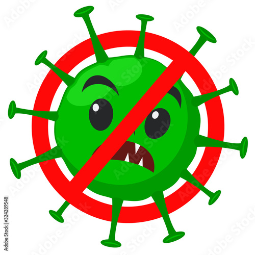 Stop the virus, a green microbe behind a red sign on a white.