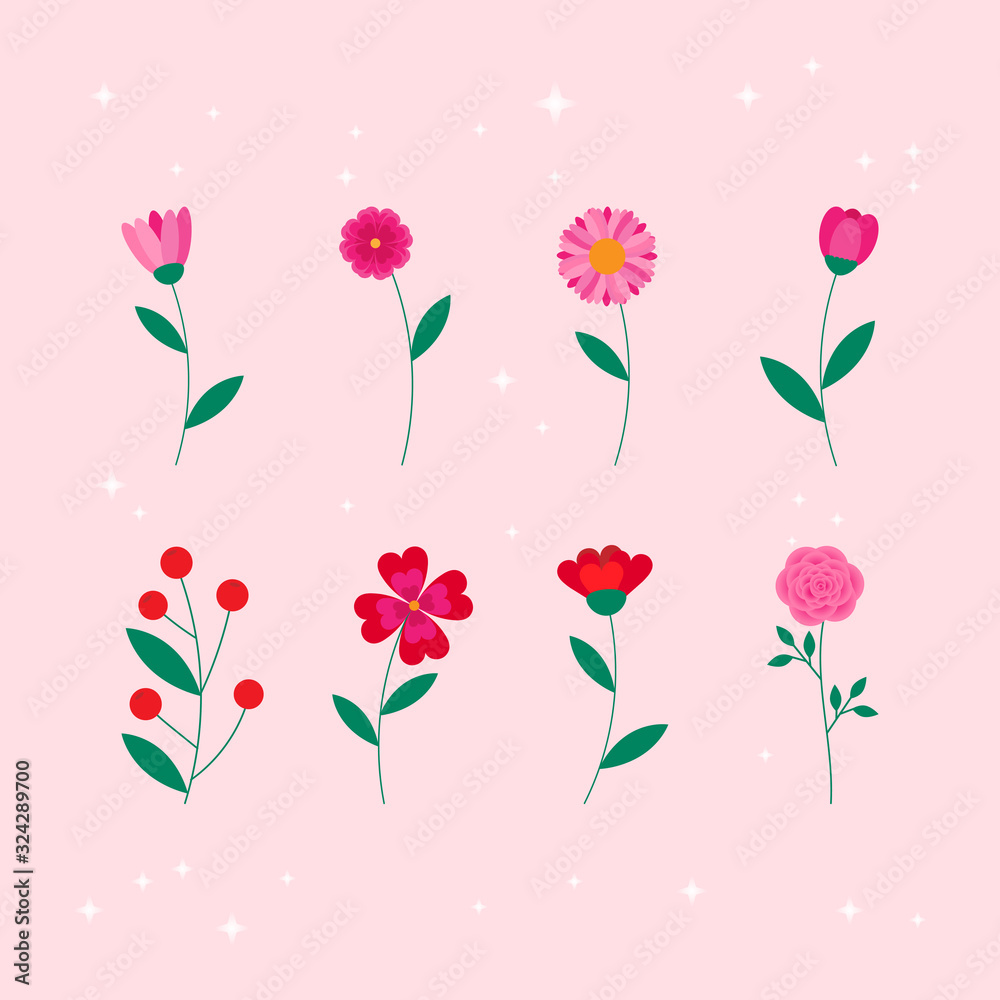 This is cute flowers on pink background. Flat style.