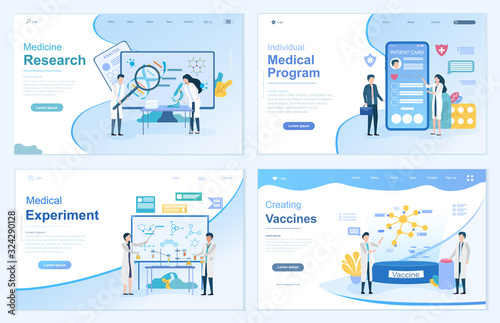 Set of healthcare and medicine templates depicting online and lab research, experiments, online medical program and clinic doing vaccinations, vector illustrations