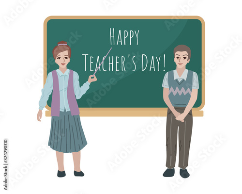 Senior teacher with schoolboy near the board. Vector illustration
