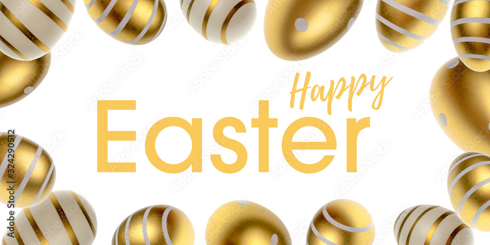 Happy Easter background. Golden shine decorated eggs in shape frame isolated on white. For greeting card, promotion, poster, flyer, web-banner, article Happy Easter background. Golden shine decorated eggs in shape frame isolated on white. For greeting card, promotion, poster, flyer, web-banner, article