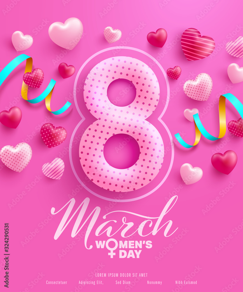 8 march women's day Poster or banner with sweet hearts on pink background.Promotion and shopping template or background for Love and women's day concept