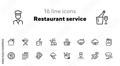 Restaurant service line icon set. Set of line icons on white background. Menu, stewpan, plate, chef. Food concept. Vector illustration can be used for topics like eating, drinking, resting