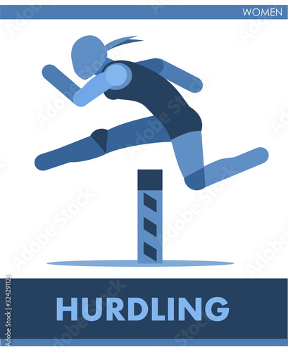 Hurdling. Barrier running. Overcoming the Let. Women. Run. Athletics. Cross-country sports; racing competition. The symbolic image of a girl. One of a series. Female.  Vector. 