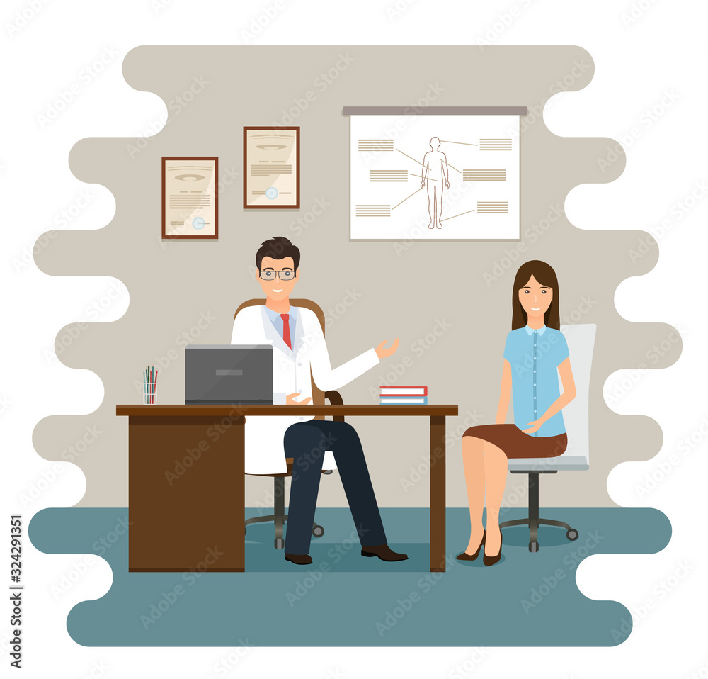 Woman patient at doctor's consultation in clinic office. Male doctor and female patient characters sitting in hospital consulting room. Vector illustration. Healthcare concept in flat design