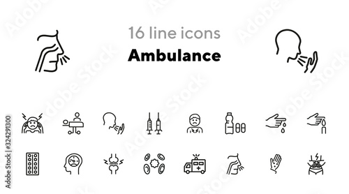 Ambulance line icon set. Set of line icons on white background. Medicine concept. Pain, virus, nasal cold. Vector illustration can be used for topics like medicine, illness, healthcare