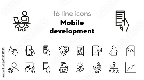 Mobile development line icon set. Mobile phone, using digital tablet, technician. Information technology concept. Can be used for topics like programming, coding, software