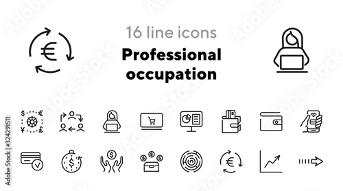 Professional occupation icons. Set of line icons. Wallet, virtual credit card, work cycle. Workflow concept. Vector illustration for topics like business process, everyday routine, office life