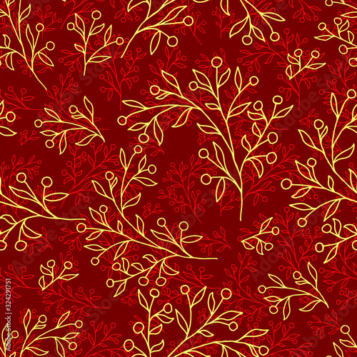 cute twigs with berries and yellow leaves and scarlet color on a dark background seamless vector illustration