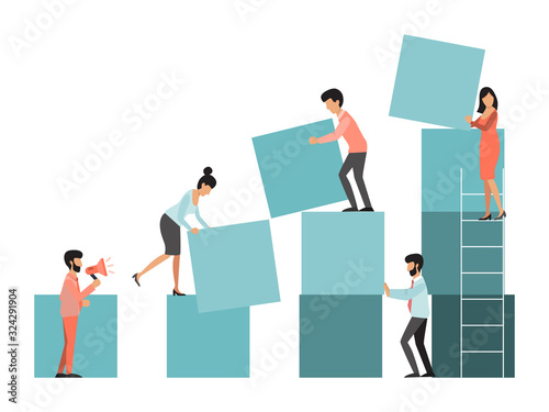 Work team people building cubes vector illustration. Business people above a stacked cubes.Teamwork, cooperation, partnership concept. Human build cube construction, business metaphor.