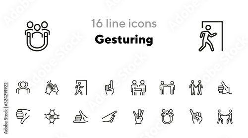 Gesturing line icon set. Handshake, like, thumb down. Body language concept. Can be used for topics like dealing, customer feedback, communication