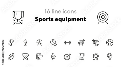 Sports equipment icon set. Line icons collection on white background. Dart, football, attribute. Training concept. Can be used for topics like activity, championship, game