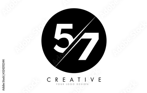 57 5 7 Number Logo Design with a Creative Cut and Black Circle Background.