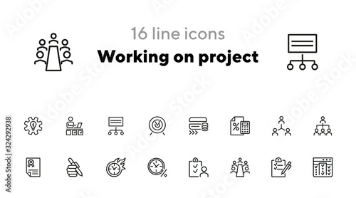 Working on project line icon set. Capital, team, deadline, meeting. Business concept. Can be used for topics like startup, investment, teamwork, loan