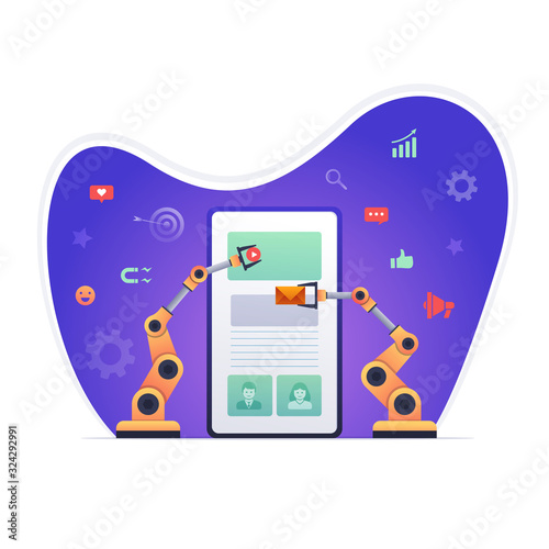 Robotic hands building marketing on smart phone. Vector Illustration