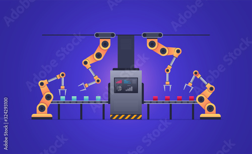 Robotic arms is manufacturing production on assembly line machine.