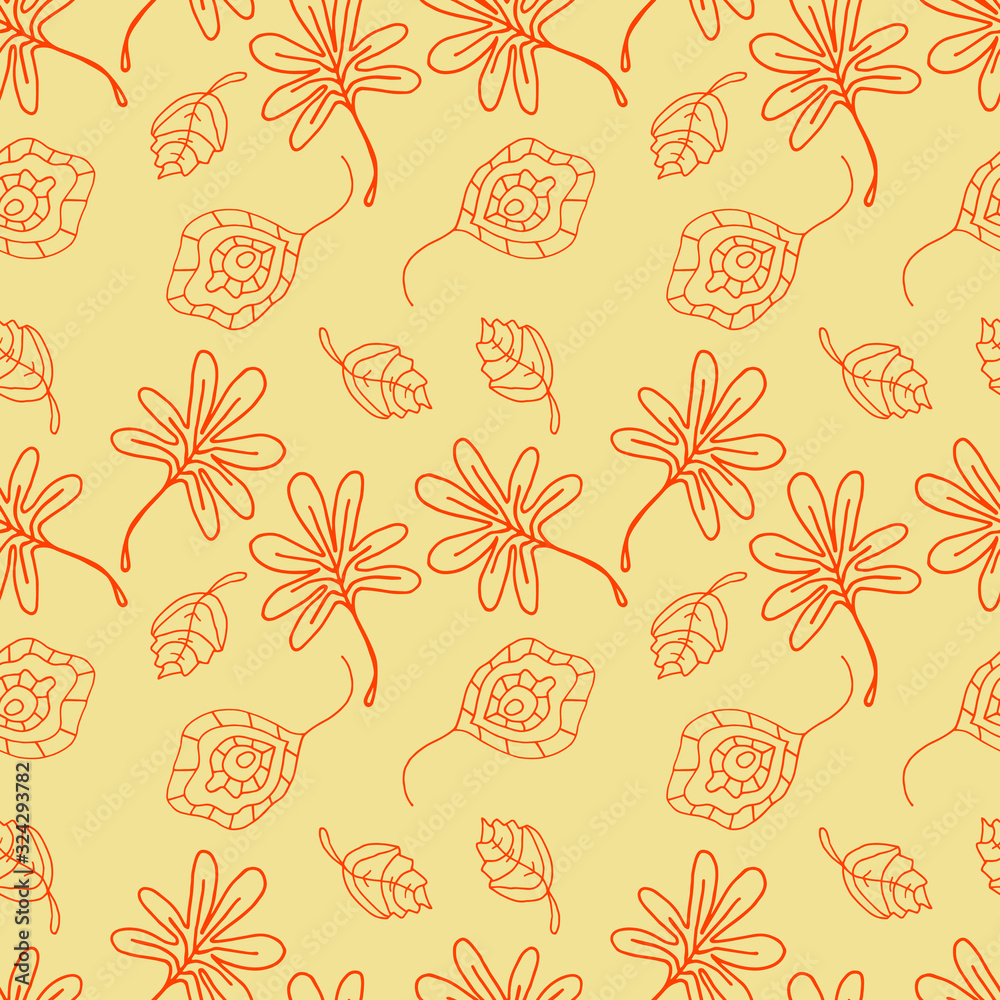 Seamless vector illustration of fantasy leaves of dark orange on a beige background. Seamless vector illustration of fantasy leaves of dark orange on a beige background.