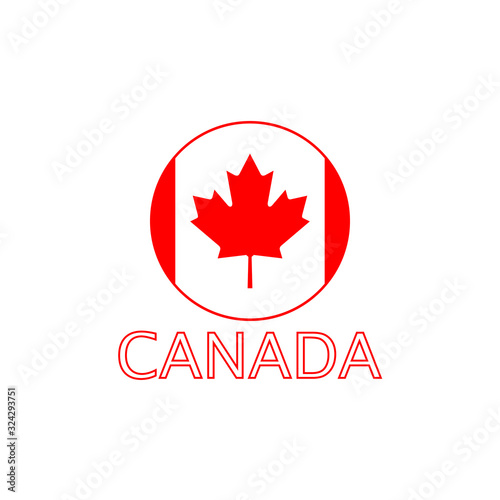 Round national flag of Canada with red maple leaf on the white background and lettering. Vector illustration for textile and fashion, banner, t shirt graphics, prints, slogan tees, stickers, cards, la