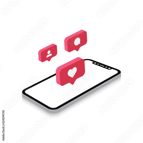 3d isometric social media icon with smart phone - vector illustration
