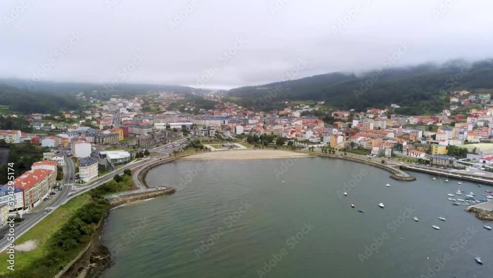 Aerial shot of the city, buildings  of Corcubión, or Corcubiom in the AGAL orthography of the Galician languagein, Spain , its is a municipality of northwestern Spain in the Province of A Coruña