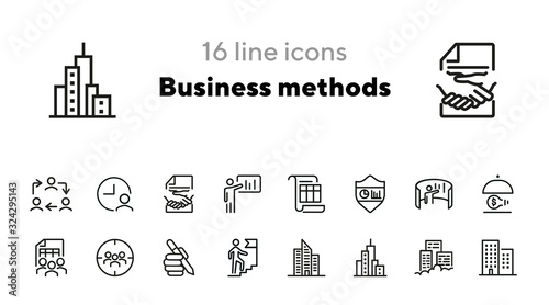 Business methods line icon set. Office building, team, staff, idea. Business concept. Can be used for topics like work on project, teamwork, management, leadership