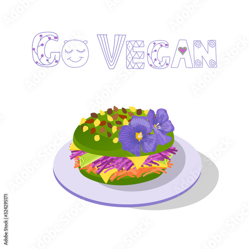 Hand drawn vector green vegan burger with go vegan lettering. Sustainable eating