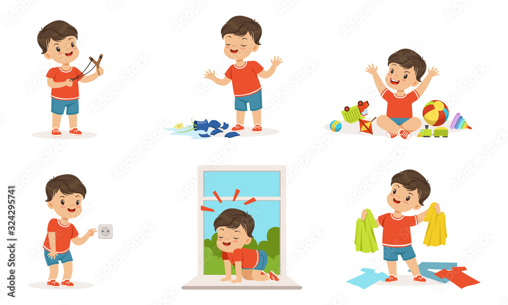 Cute Bully Boy Collection, Hoodlum Cheerful Little Kid, Bad Child Behavior Vector Illustration on White Background