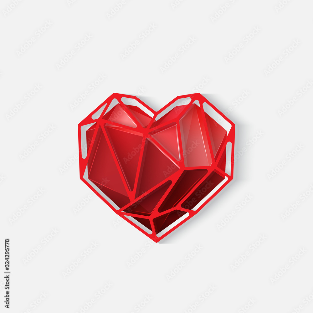 Realistic red origami heart with red polygonal grid. Abstract polygonal heart. Love symbol. Low-poly colorful style. Romantic illustrations isolated on white background - Vector Realistic red origami heart with red polygonal grid. Abstract polygonal heart. Love symbol. Low-poly colorful style. Romantic illustrations isolated on white background - Vector