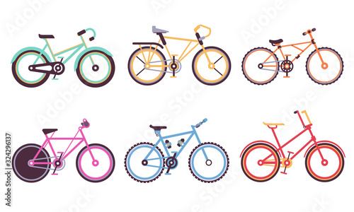 Various Bicycles Collection, Sportive and City Bikes with Different Frames, Ecology Transport Vector Illustration on White Background