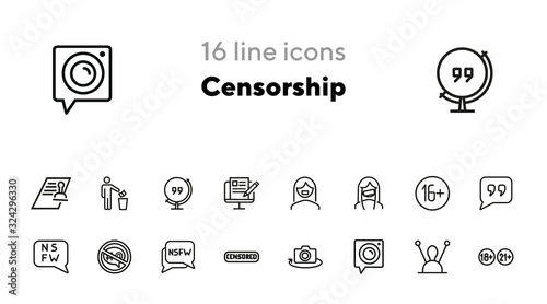 Censorship line icon set. Set of line icons on white background. TV requirement concept. Camera, antenna, stamp. Vector illustration can be used for topics like cinema, TV, radio, social media