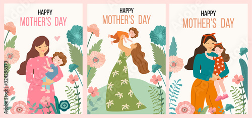 Happy Mothers Day. Collection of spring cards. Vector illustration with woman and her child. Beautiful template. Can be used for banner, poster, card, postcard and printable.
