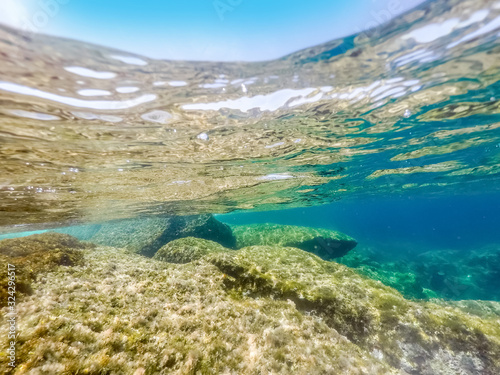 Underwater view of a rocky sea bed on a clear day in Alghero