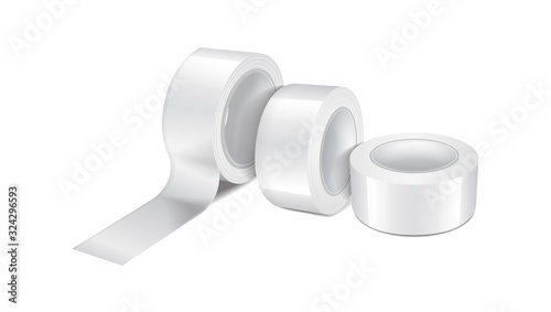 White glossy scotch tape roll. Set of vector realistic mockup template of sticky tape, adhesive tape roll