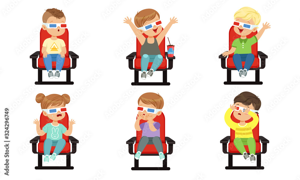 Cute Emotional Kids Watching Movie with 3D Glasses While Eating Popcorn and Drinking Soda Drink, Boys and Girls Sitting in the Cinema Vector Illustration on White Background