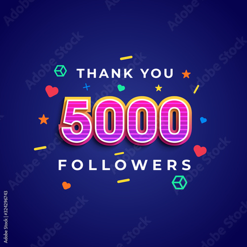 Thank you 5000 followers design.Thank you followers congratulation card. Vector illustration for Social Networks. Web user or blogger celebrates a large number of subscribers. - Vector