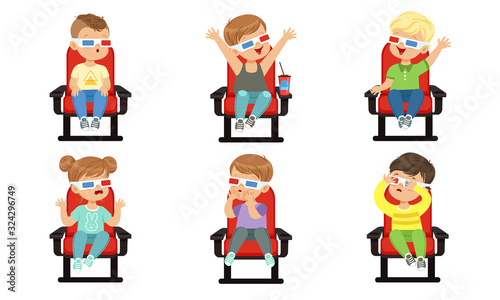 Cute Emotional Kids Watching Movie with 3D Glasses While Eating Popcorn and Drinking Soda Drink  Boys and Girls Sitting in the Cinema Vector Illustration on White Background