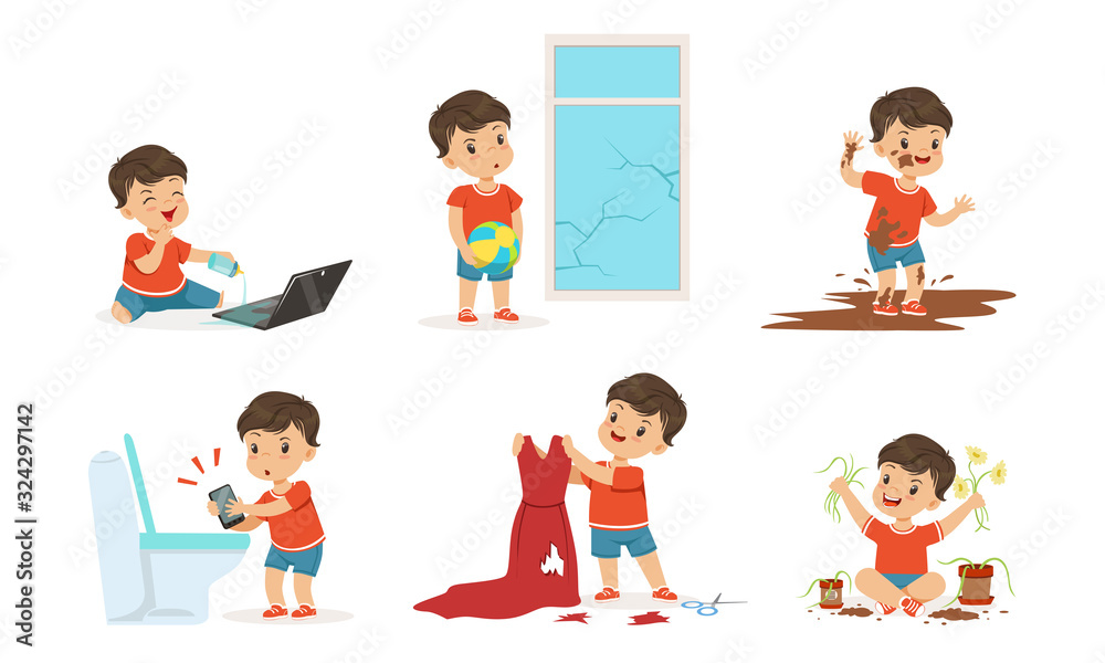 Bully Boy in Different Situations Set, Funny Hoodlum Little Kid, Bad Child Behavior Vector Illustration on White Background