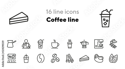 Coffee line icons. Set of line icons. Almonds, cheesecake slice, cashew. Coffee break concept. Vector illustration can be used for topics like food, drinks