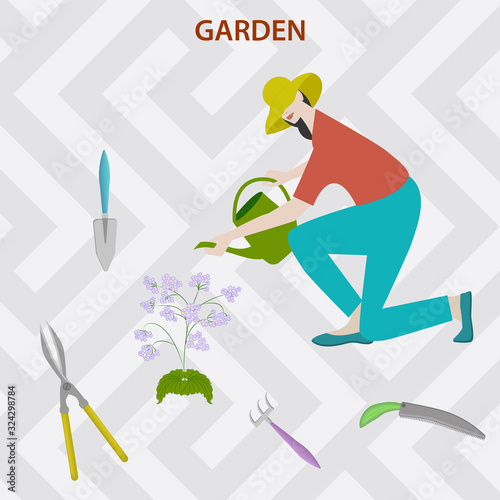 Woman watering a flower - flower care tools - realistic pruner shears, knife, scraper, spade - vector. Spring summer work on a plot of land. Household goods Care for flowers.