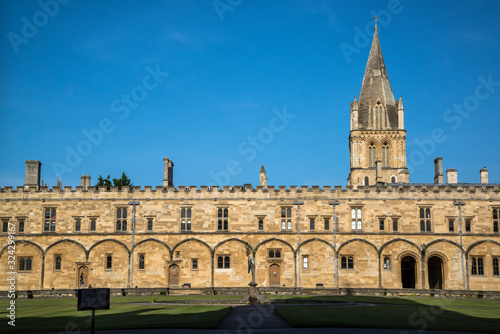 Christ Church College, central quadrangle and Cathedral spire, Oxford, England, UK