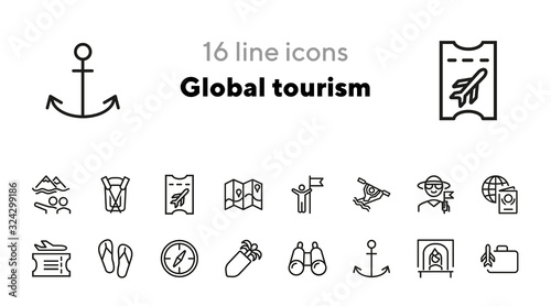 Global tourism line icon set. Trip, voyage, getaway. Adventure concept. Can be used for topics like vacation, summer, journey