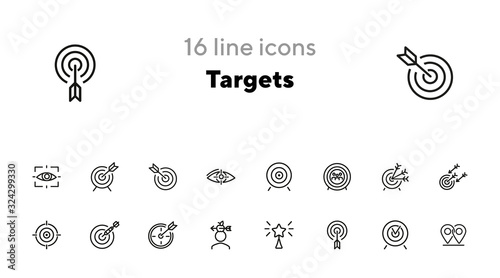 Targets line icon set. Accomplished goal, archery range, award winning. Goal concept. Can be used for topics like focus, goal achieving, darts