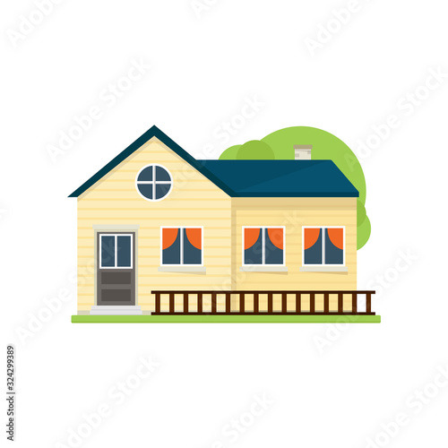 Cute yellow american house with wood fence near grass