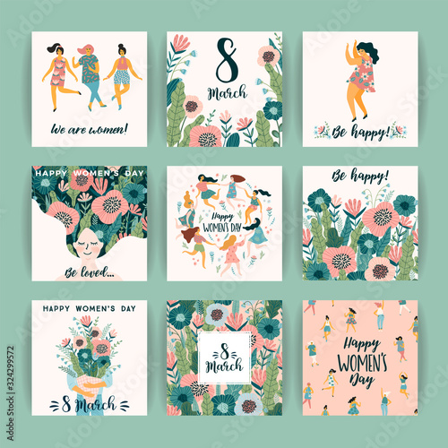 International Women s Day. Vector templates with cute women