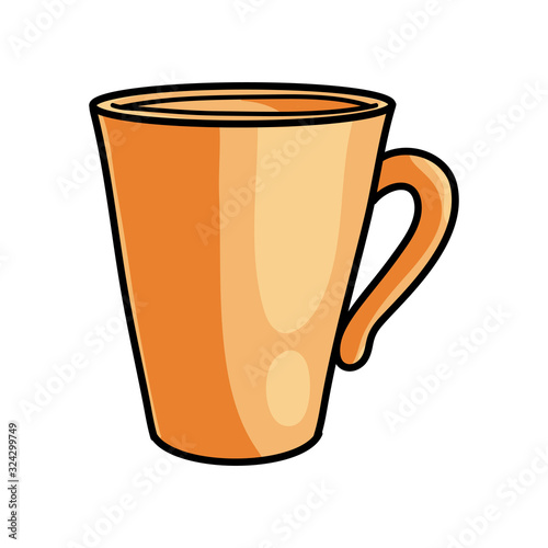 Orange mug of hot coffee, fast energy at work
